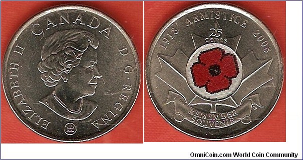 25 cents
90th anniversary of Armistice
red poppy
nickel-plated steel