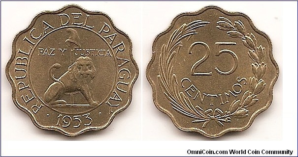 25 Centimos
KM#27
Aluminum-Bronze Obv: Seated lion with liberty cap on pole within circle Rev: Value within wreath