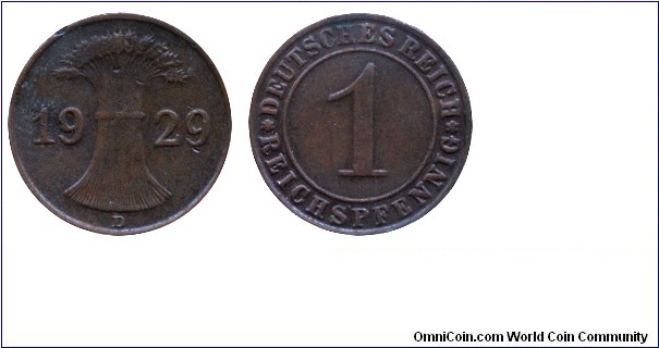 Weimar Republic, 1 pfennig, 1929, Bronze, 2g, MM: D (Munich).