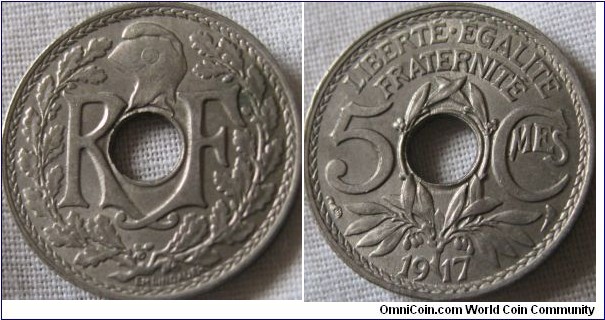 1917 5 centimes, scarer new type, in EF, sadly a mark on obverse spoils its otherwise unbroken lustre
