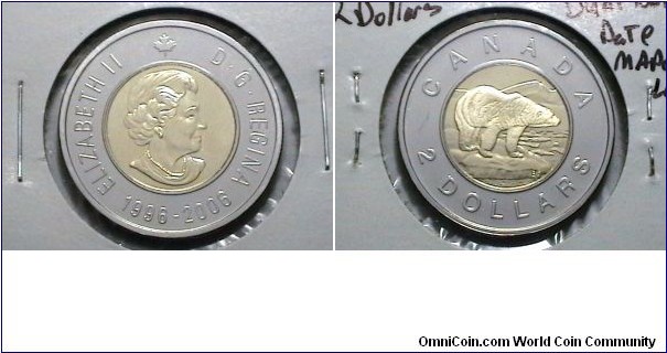 Canada 2006 2 Dollars Dual bottom Date, Maple Leaf Km# 496