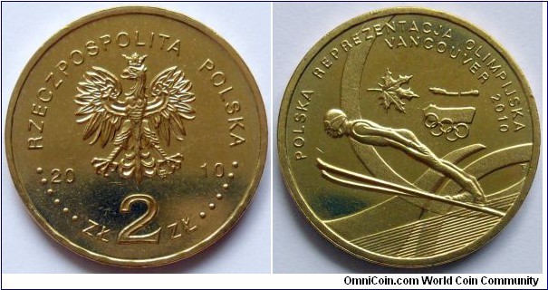 2 zlote.
2010, Polish Olympic Team in the Winter Olympic Games in Vancouver in February 2010.
Metal; Nordic Gold.
Weight; 8,15.
Diameter; 27mm.
Mintage; 1.400.000 units.