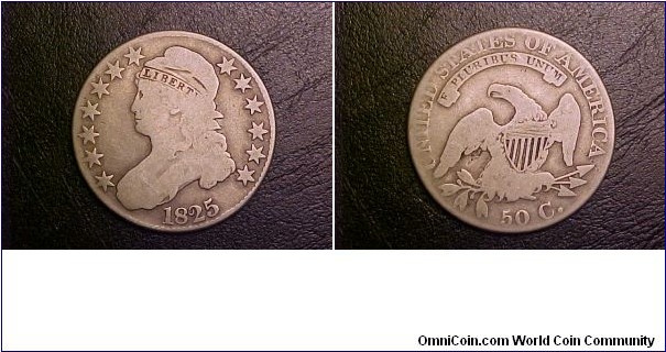 A nice G/VG example of an 1825 bust half with a neat die marriage shown by the solidly joined AME on the reverse.