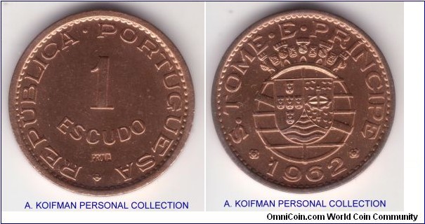 KM-Pr21, 1962 San Tome & Principe prova escudo; bronze, plain edge; nice very bright uncirculated specimen