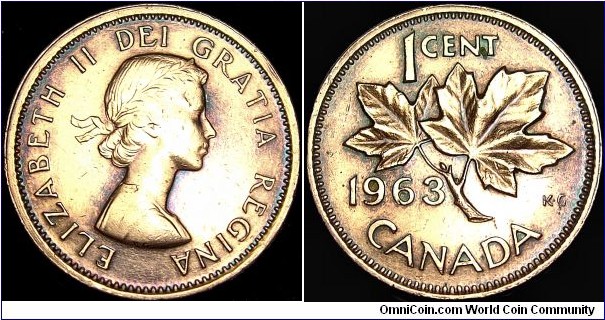Canada - 1 Cent - 1963 - Weight 3,24 gr - Bronze - Size 19,1 mm - Alignment / Medal (0°) - Ruler / Elizabeth II (1952-) - Obverse Designer / Mary Gillick - Reverse Designer / George E. Kruger-Gray - Edge : Plain - Mintage 279 076 334 - Reference KM# 49 (1953-64)