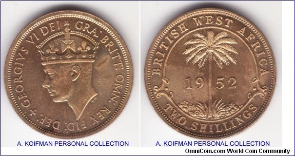 KM-29, 1952 British West Africa 2 shillings; King's Norton mint (KN mint mark); nickel-brass, seciruty edge, very nice toning on this uncirculated specimen, although it does have a few imperfections.