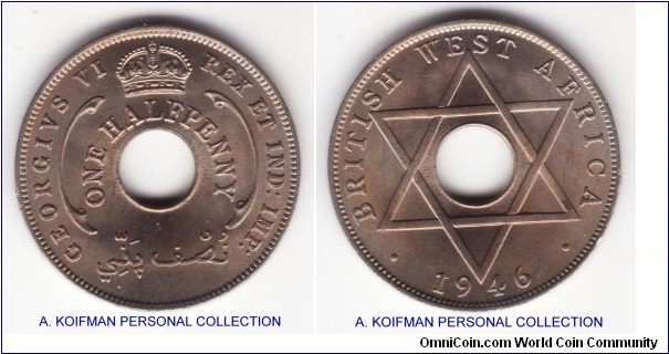 KM-18, 1946 British West Africa half penny, Royal mint (no mint mark); copper nickel, plain edge; brilliant uncirculated