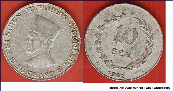 issued for Irian Barat : 10 sen in aluminum.
Obverse: head of President Sukarno
