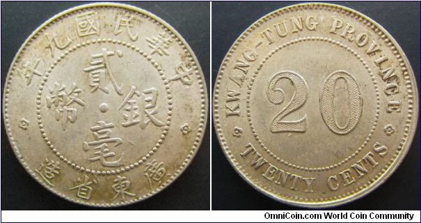 	China Guangdong Province 1920 20 cents. Pretty much UNC.