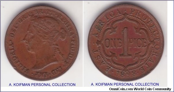 KM-1, 1898 East Africa (Protectorate) pice; bronze, plain edge; almost uncirculated, brown, multiple die breaks and weak legend letters, must have been struck with the worn out dies.

