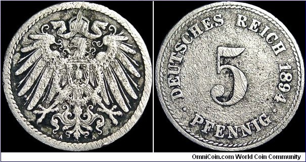 Germany - German Empire (1871-1918) - 1894 - Weight 2,4 gr - Copper / Nickel - Size 18,0 mm - Alignment Medal (0°) - Ruler / Wilhelm II (1888-1918) - Mint mark A = Berlin - Edge : Plain - Reference KM# 11 (1890-1915) 