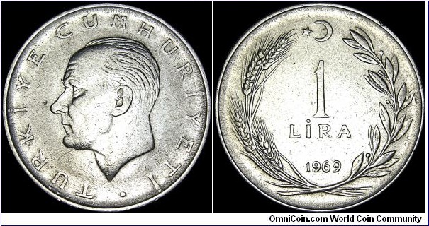 Turkey - 1 Lira - 1969 - Weight 7,0 gr - Stainless steel - Size 27 mm - Alignment Coin (180°) - President / Cevdet Sunay (1966-73) - Obverse / Head of Kemal Atatürk left - Note : Reduced weight (1967-80) - Edge : Ornament and lettering TÜRKIYE COMMURIYETI - Mintage 6 612 000 - Reference KM# 889a.2 (1967-80) 