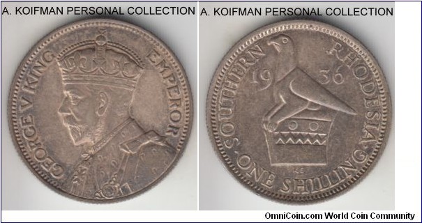 KM-3, 1936 Southern Rhodesia shilling; silver, reeded edge; dark patina over lustrious surfaces, good extra fine.