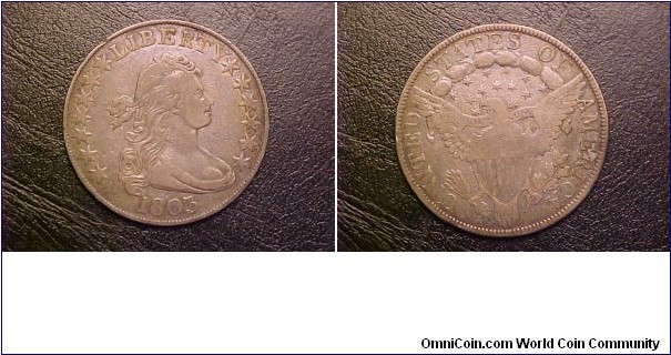 A sweet VF draped bust half from the year of the Louisiana Purchase!  A huge mintage compared to 1802 (188,234 pieces vs. 29,890), but pretty small compared to subsequent years.  This one is the relatively scarce (R.3) O-101 die marriage.