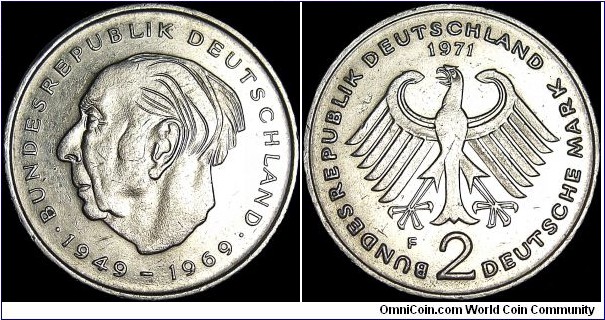 Germany - Federal Republic - 2 Mark - 1971 - Weight 7,0 gr - Copper / Nickel / Clad Nickel - Size 26,75 mm - Alignment Medal (0°) - Bundeskanzler / Willy Brandt (1969-74) - Subject / Theodor Heuss (1884-1963) - The first president of the Federal Republic og Germany (1949-59) - Obverse Design / Reinhart Heinsdorf - Reverse Designer / Karl-Ulrich Nuss - Mint mark F = Stuttgart - Edge lettering : EINIGKEIT UND RECHT UND FREIHEIT - Mintage 8 403 135 - Reference KM# A127 (1970-87)