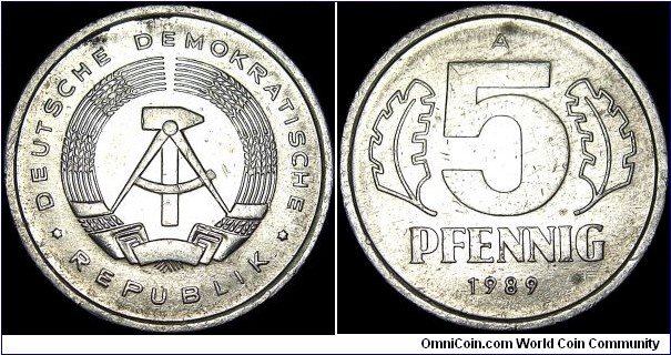 Germany - Democratic Republic (1949-90) - 5 Pfennig - 1989 - Weight 1,0 gr - Aluminum - Size 19 mm - Alignment Medal (0°) - President / Egon Krenz (1989) - Mint mark A = Berlin - Edge : Plain - Mintage 21 550 000 - Reference KM# 9.2 (1976-90)