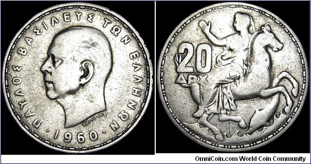 Greece - 20 Drachmai - 1960 - Weight 7,5 gr - 0,8350 Silver - 0,2013 oz Ag - Size 26,2 mm - Alignment Coin (180°) - Ruler / Paul I (1947-64) - Obverse / Paul I head left - Reverse / Selene, Moon goddess - Edge : Lettered - Mintage 20 000 000 - Reference KM# 85 (1960-65)