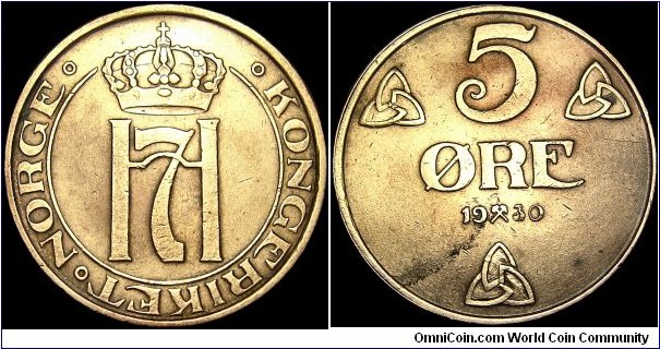 Norway - 5 Öre - 1930 - Weight 8,0 gr - Bronze - Size 27 mm - Alignment Medal (0°) - Ruler / Haakon VII (1905-57) - Mint mark Crossed hammers = Kongsberg - Edge : Plain - Mintage 1 292 000 - Reference KM# 368 (1908-52)