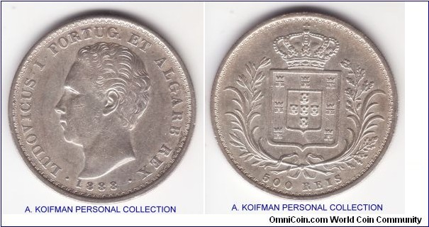 KM-509, 1888 Portugal 500 reis; silver, reeded edge; about extra fine, 