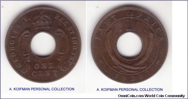 KM-22, 1925 British East Africa cent, Royal mint, no mint mark; bronze, plain edge; almost uncirculated or low MS number coin, scarcest East Africa cent