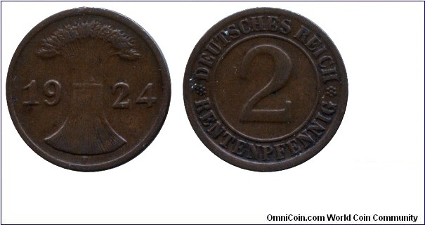 Weimar Republic, 2 rentenphennig, 1924, Bronze, 20mm, 3.3g, Wheat.