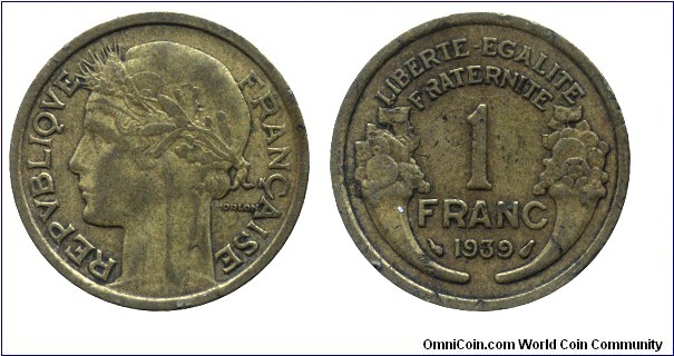 3rd Republic, 1 franc, 1939, Al-Bronze, 23mm, 4g, Woman's head.