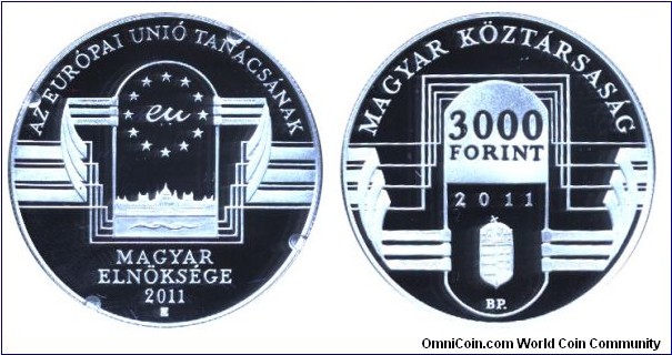 Hungary, 3000 forints, 2011, Ag, 30mm, 10g, Hungarian Presidency of the European Union.