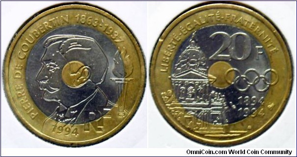 20 francs.
1994, Pierre de Coubertin (1863-1937)
Trimetal. Weight; 9g. Diameter; 27mm.
Mint; La Monnaie de Paris (Paris Mint)
Mintage; 15.000.011 units.