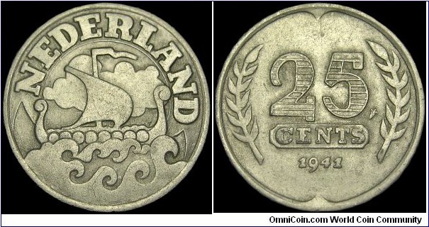 Netherlands - 25 Cents - 1941 - Weight 5,0 gr - Zinc - Size 26 mm - Alignment / Coin (180°) - Ruler / Wilhelmina I (1890-1948) - Designer / N. De Haas - Edge / Plain - Mintage 34 600 000 - Reference KM# 174 (1941-43)