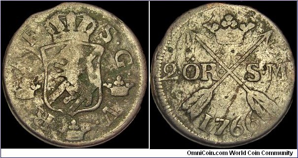 Sweden - 2 Öre SM - 1766 - Weight 28,3 gr - Copper - Size 34,1 mm - Alignment / Medal (0°) - Ruler / Adolf Fredrik (1751-71) - Edge : Plain