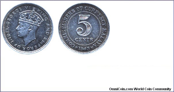British Malaya, 5 cents, 1943, Ag, 1.36g, King George VI.