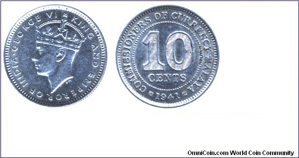 British Malaya, 10 cents, 1941, Ag, 18mm, 2.71g, King George VI.