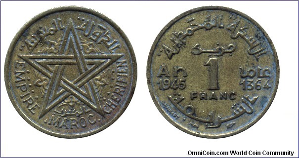 Morocco, 1 franc, 1945, Al-Bronze, AH: 1364, Empire Maroc Cherifien.