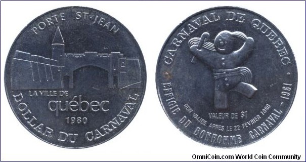 Canada, 1 dollar, 1980, Quebec City Carnaval token, Porte St-Jean, La Ville de Québec, Carnaval de Québec.