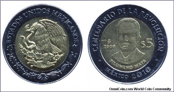 Mexico, 5 pesos, 2009, bi-metallic, Filomeno Mata, Centenario de la Revolución, México 2010.