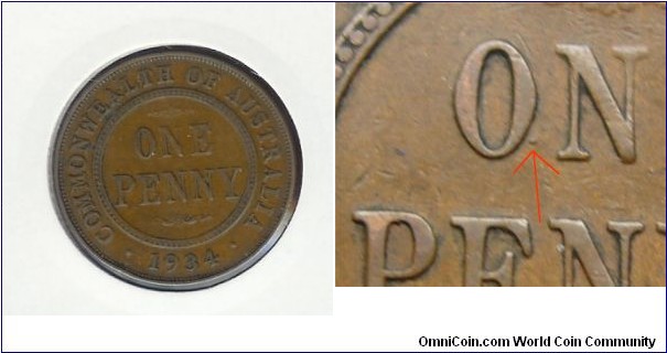 1934 Penny. Dot between 'ON'