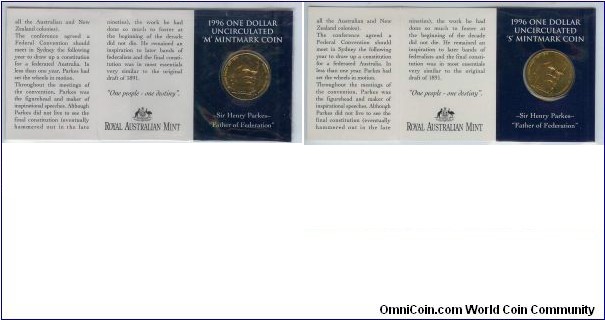 1996 $1 Henry Parkes folder Left - 'M' mint mark (Royal Melbourne Show) & Right - 'S' mint mark (Sydney Easter Show)
