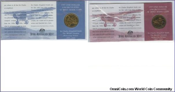 1997 $1 Kingsford-Smith folder Left - 'A' mint mark (Adelaide Show) & Right - 'B' mint mark (Brisbane Show)