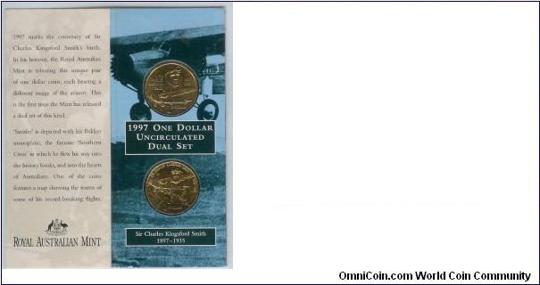 1997 $1 Kingsford-Smith Dual Coin folder (Type 1 & Type 2 coins)