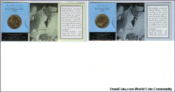 1998 $1 Howard Florey folder Left - 'M' mint mark (Royal Melbourne Show) & Right - 'S' mint mark (Sydney Easter Show)