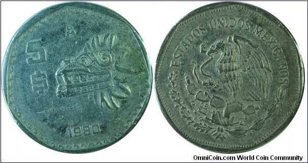 Mexico 5Pesos Quetzalcoatl-km485-1980