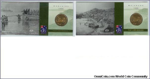 1999 $1 The Last ANZACS folder Left - 'A' mint mark (mobile press at the Adelaide Show) & Right - 'B' mint mark (mobile press at the Brisbane Show)