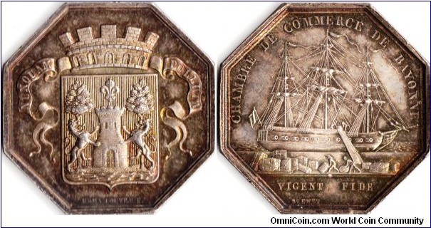 nicely toned octagonal silver jeton struck for Bayonne Chambre de Commerce. Obverse shiows coat of arms. Reverse depicts the towns maritime history in keeing with earlier jetons.
