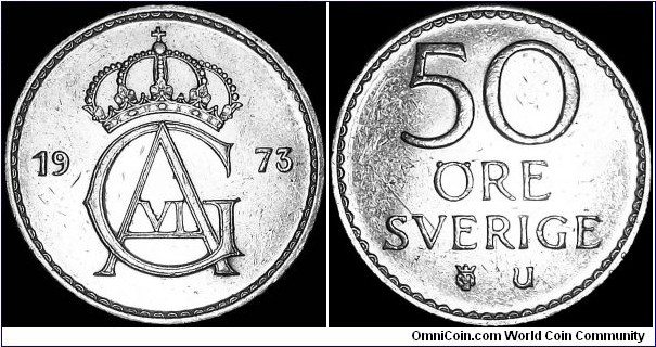 Sweden - 50 Öre - 1973 - Weight 4,5 gr - Copper/Nickel - Size 22 mm - Alignment Medal (0°) - Ruler / Gustaf VI (1950-73) - Engraver / Leo Holmgren - Minted in Stockholm / Sweden - Edge : Plain - Mintage 52 467 000 - Reference KM# 837 (1962-73)