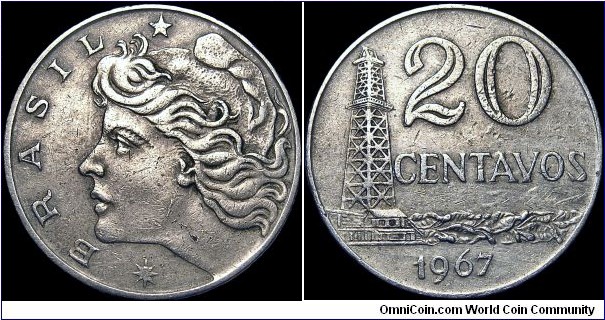 Brazil - 20 Centavos - 1967 - Weight 6,44 gr - Copper/Nickel - Size 25 mm - Thickness 1,7 mm - Alignment Coin (180°) - Edge : Reeded - Mintage 125 814 000 - Reference KM# 579 (1967-70)
