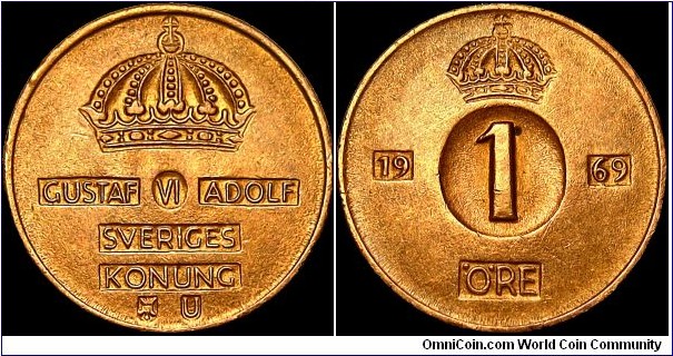 Sweden - 1 Öre - 1969 - Weight 1,7 gr - Bronze - Size 16 mm - Thickness 1,24 mm - Alignment Medal (0°) - Ruler / Gustaf VI Adolf (1950-73) - Edge : Plain - Mintage 16 490 000 - Reference KM# 820 (1952-71)