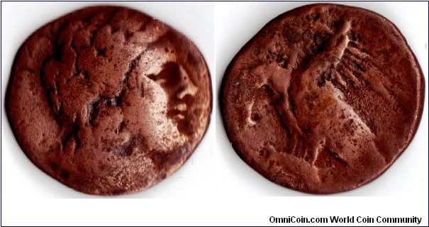 bronze from the Greek City State of Akragas, Sicilly. Obverse bust of Apollo. reverse two eagles.