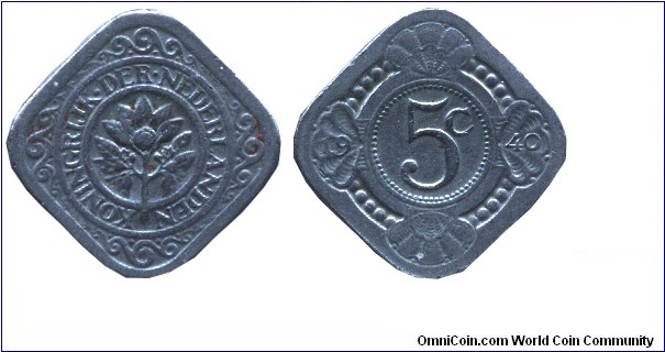 Netherlands, 5 cents, 1940, Cu-Ni, 21.30mm, 4.5g, Orange twig.