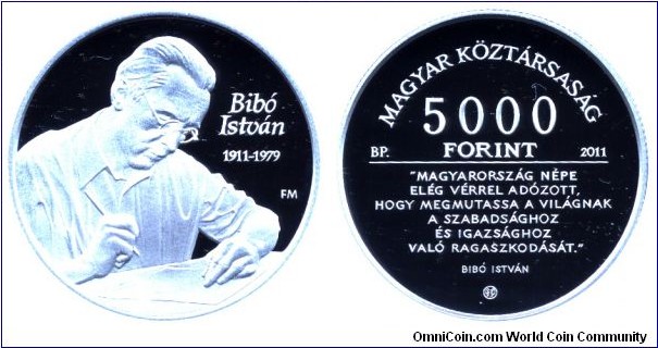 Hungary, 5000 forints, 2009, Ag, 38.61mm, 31.46g, MM: Budapest (BP), 100th Anniversary of the birth of István Bibó (1911-1979), Hungarian politician.