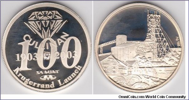 South Africa 1 Oz Silver medallion containing a 0.05 carat TTLB diamond in the obverse center to Commemorate the Centenary 100 Years of Cullinan,  